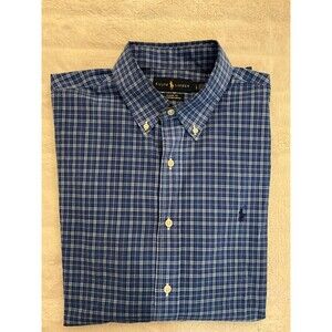 Polo Ralph Lauren Large Shirt Blue White Micro-Plaid Classic Fit Stretch L/S
